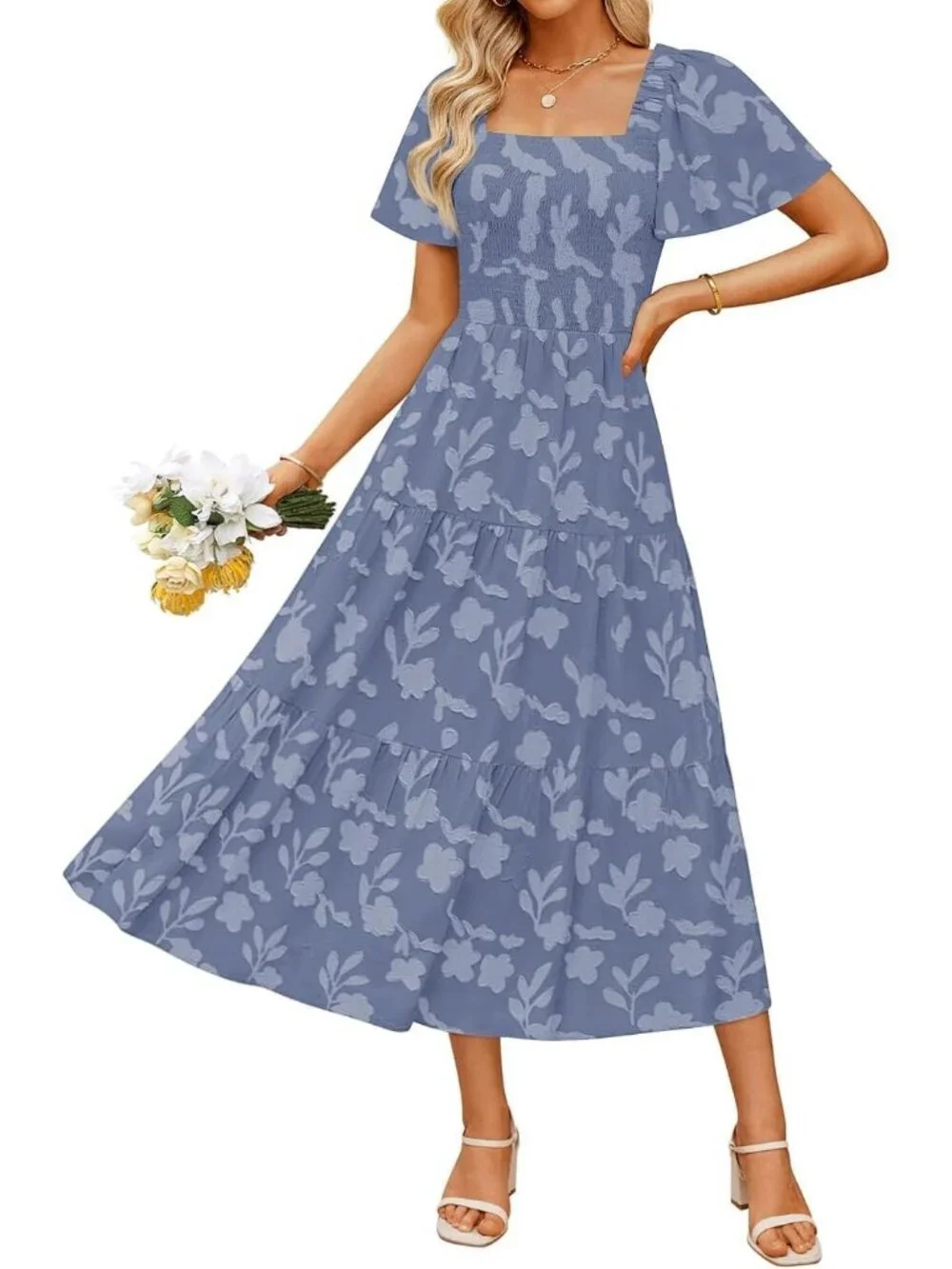 Women‘s Summer Floral Midi Dress Dusty Blue Short Sleeve Square Neck Flowy Beach